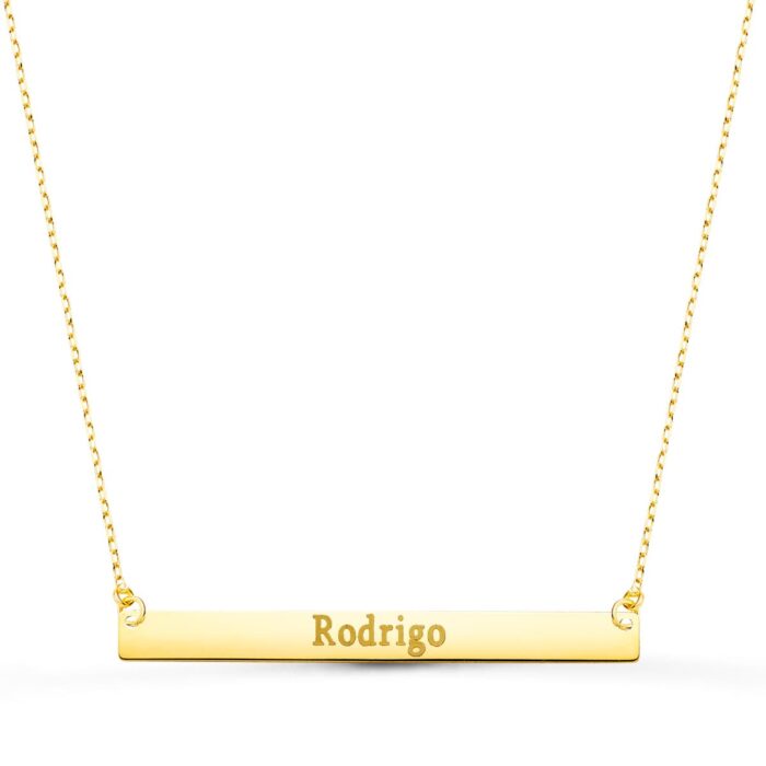 18K COLGANTE ORO AMARILLO PLACA CHAPA HORIZONTAL BRILLO 40X4 MM CADENA 44 2 CM