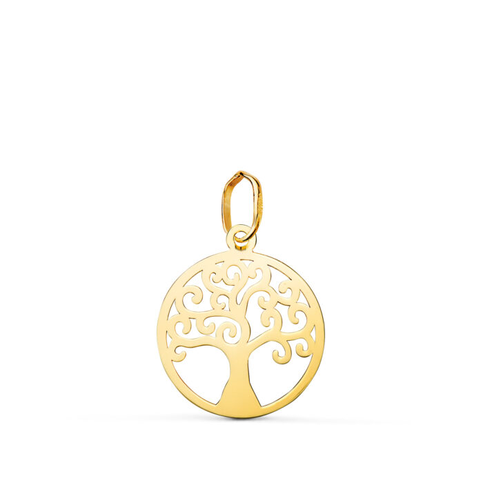 18K COLGANTE ORO AMARILLO REDONDO ARBOL DE LA VIDA EN BRILLO 14 MM