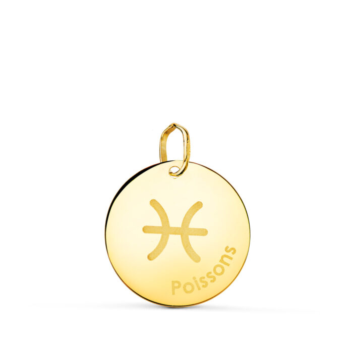 18K HOROSCOPO ORO AMARILLO PISCIS EN FRANCES BRILLO 16 MM