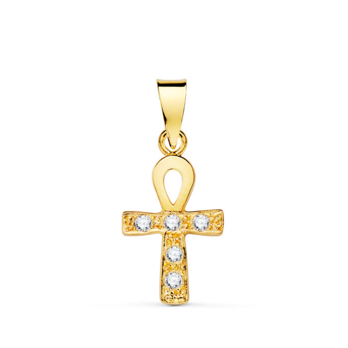 18K CRUZ DE LA VIDA ORO AMARILLO CON CIRCONITA BLANCAS. 14 X 10 MM