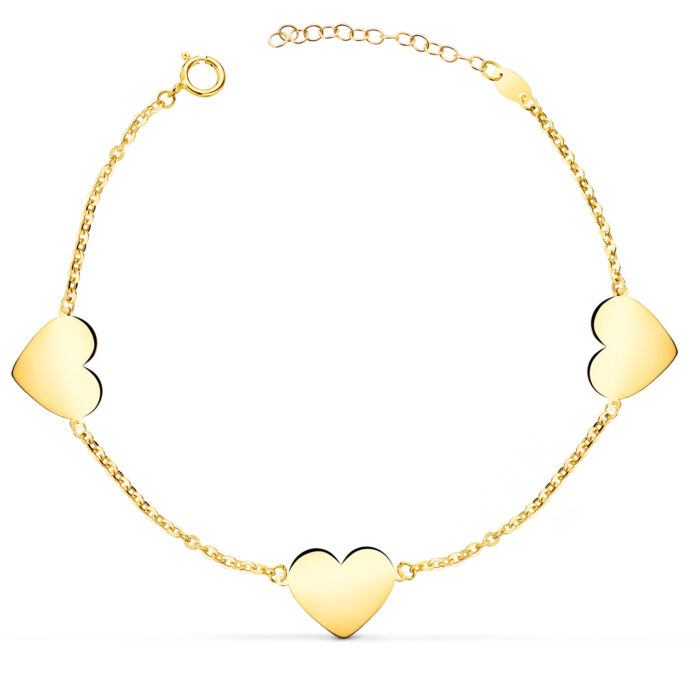 18K PULSERA ORO AMARILLO TRES CORAZONES EN BRILLO 11X10 MM. LARGO: 18 2 CM