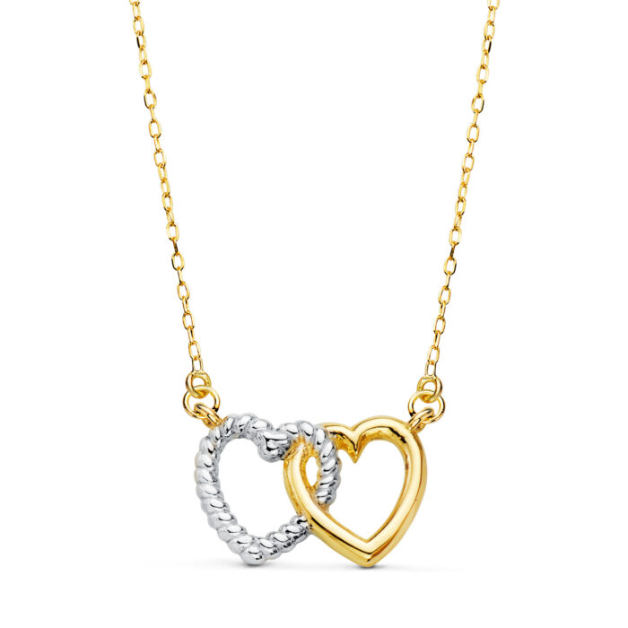 18K GARGANTILLA ORO BICOLOR DOS CORAZONES 13X9 MM. CADENA FORZADA 42 3 CM