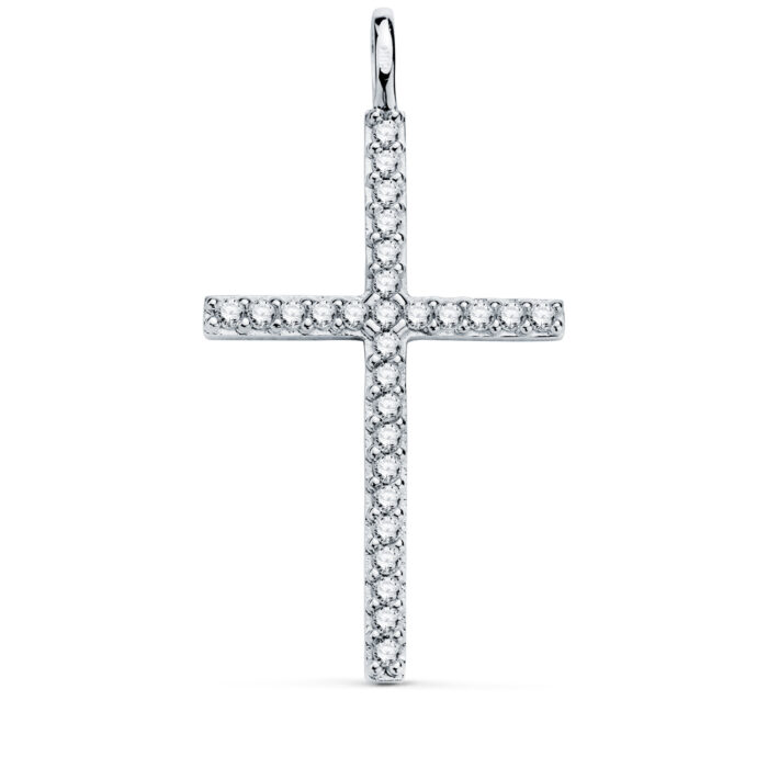 18K CRUZ ORO BLANCO CON CIRCONITA BLANCAS. 36 X 19 MM. ANILLA FIJA