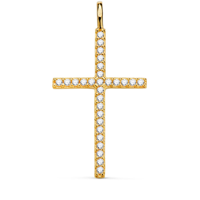 18K CRUZ ORO AMARILLO CON CIRCONITA BLANCAS 37 X 19 MM. ANILLA FIJA