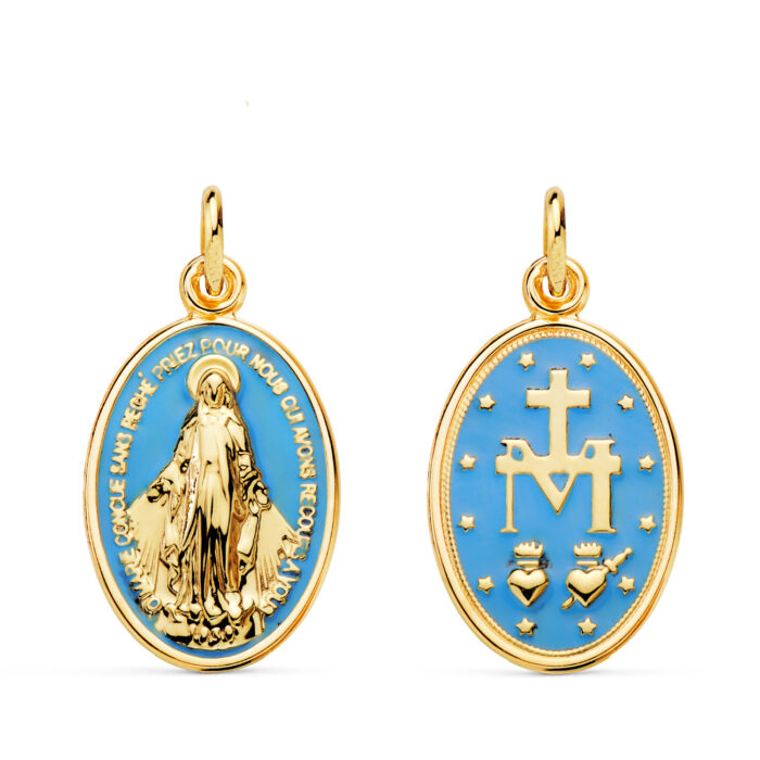18K MEDALLA ORO AMARILLO VIRGEN MILAGROSA OVAL ESMALTE AZUL CIELO. MEDIDA: 20 X 14 MM