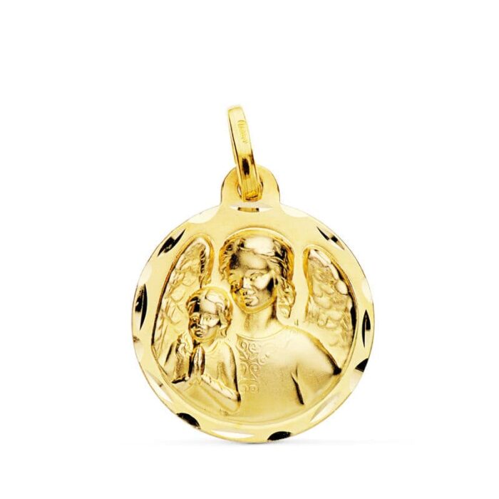 Medalla Ángel de la Guarda con Niño en Oro Amarillo 18K - Borde Tallado 18 mm
