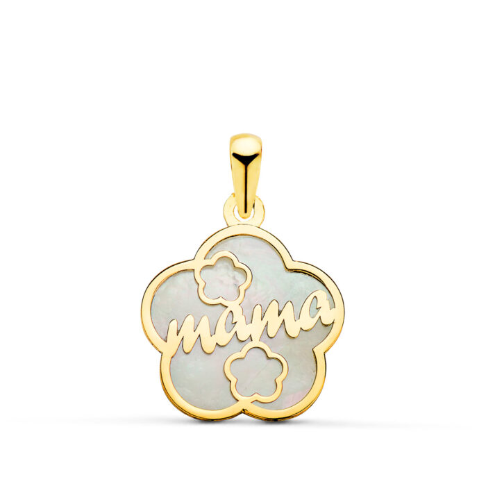 18K COLGANTE DE NACAR ORO AMARILLO FORMA DE FLOR Y MAMA CON CORAZONES 15X15MM
