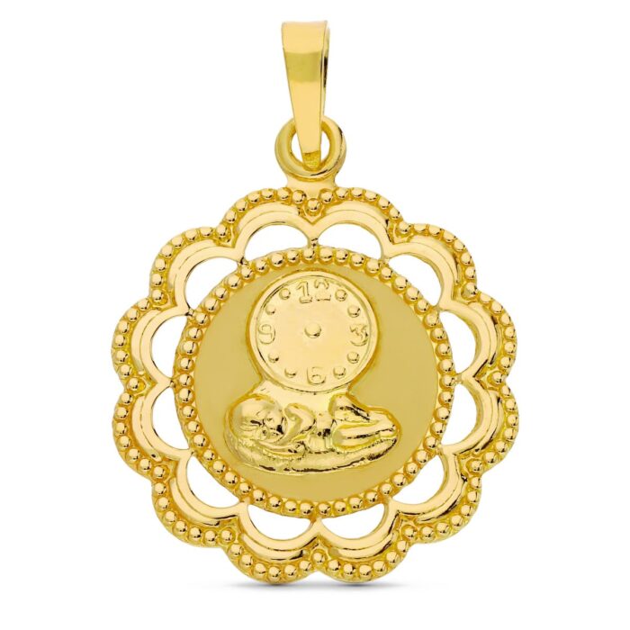 18K MEDALLA ORO AMARILLO NIÑO Y RELOJ 26X22 MM