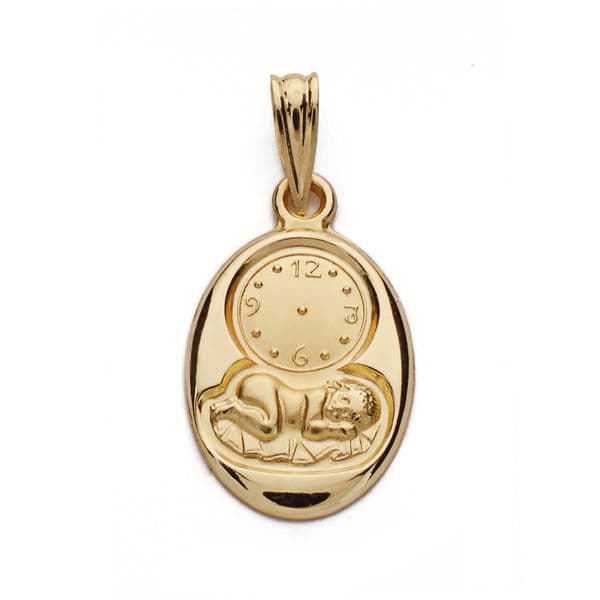 Medalla ovalada de 20x12 mm en oro amarillo de 18 quilates con relieve del Niño de la Hora y reloj en acabado brillo