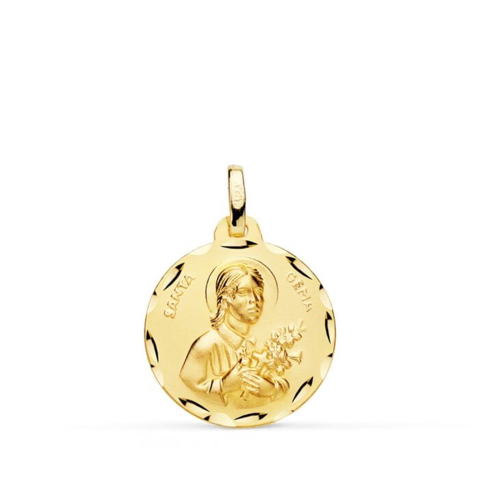 Medalla redonda de Santa Gema Galgani en oro amarillo de 18 quilates, 18 mm de diámetro, con orla tallada brillante y relieve central con acabado matizado.