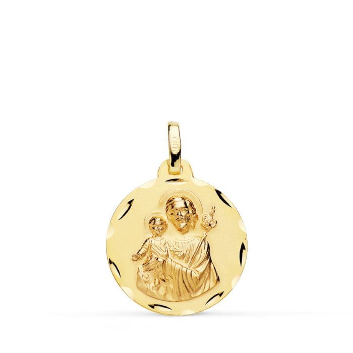 Medalla de San José con el Niño Jesús de 18 mm en oro amarillo de 18 quilates, diseño redondo con acabado pulido brillante.