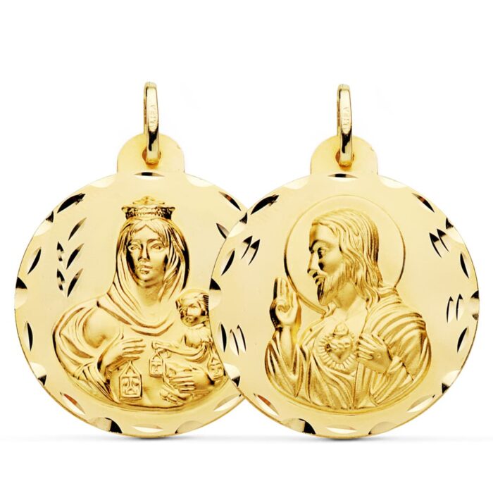 18K ESCAPULARIO ORO AMARILLO TALLADO VIRGEN DEL CARMEN CORAZON DE JESUS 30 MM