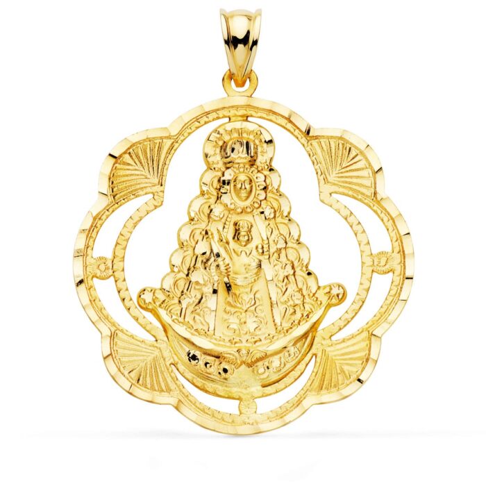 18K MEDALLA ORO AMARILLO VIRGEN DEL ROCIO PANDERETA 38X34 MM