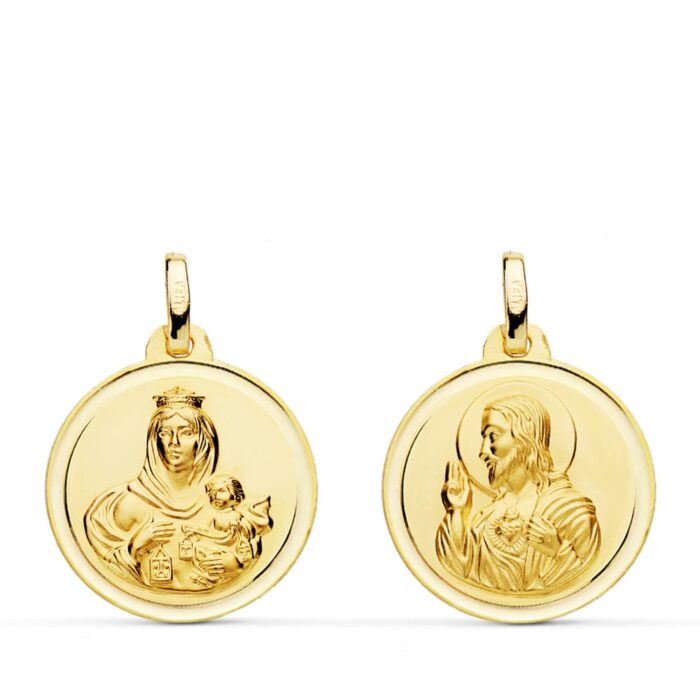 18K ESCAPULARIO ORO AMARILLO BISEL ORO AMARILLO VIRGEN DEL CARMEN CORAZON DE JESUS 18 MM