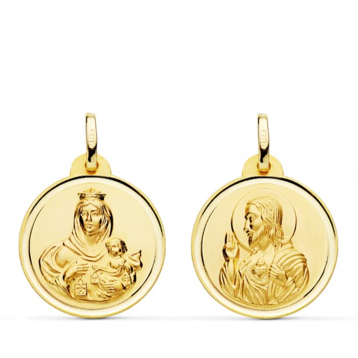18K ESCAPULARIO ORO AMARILLO BISEL ORO AMARILLO VIRGEN DEL CARMEN CORAZON DE JESUS 20 MM
