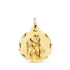 Medalla circular de San Cristóbal en oro amarillo de 18 quilates con cerco tallado brillante, tamaño 22 mm.