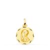 Medalla circular de la Virgen Niña de perfil en oro amarillo de 18 quilates, tamaño 18 mm, con acabado pulido brillante y borde liso sobre fondo blanco.