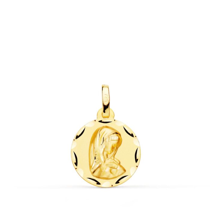 Medalla pequeña de la Virgen Niña de perfil en oro amarillo de 18 quilates, 14 mm de diámetro, con acabado pulido brillante y borde liso sobre fondo blanco.