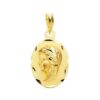 Medalla ovalada de la Virgen Niña de perfil en oro amarillo de 18 quilates, dimensiones 22x14 mm, con acabado pulido brillante espejo y borde liso sobre fondo blanco.