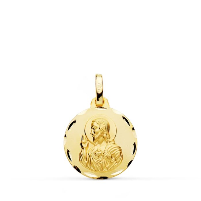 18K MEDALLA ORO AMARILLO CRISTO SAGRADO CORAZON DE JESUS TALLADA 16 MM