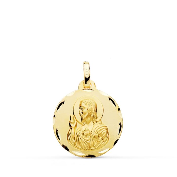 18K MEDALLA ORO AMARILLO CRISTO SAGRADO CORAZON DE JESUS TALLADA 18 MM
