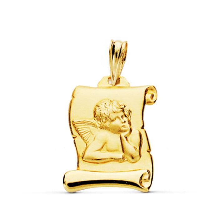 Medalla Pergamino Ángel Burlón en Oro Amarillo 18K - Acabado Artístico (20x16 mm)