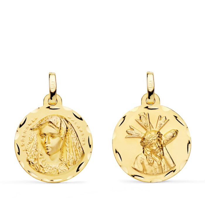 18K ESCAPULARIO ORO AMARILLO VIRGEN MACARENA Y GRAN PODER TALLADA 20 MM