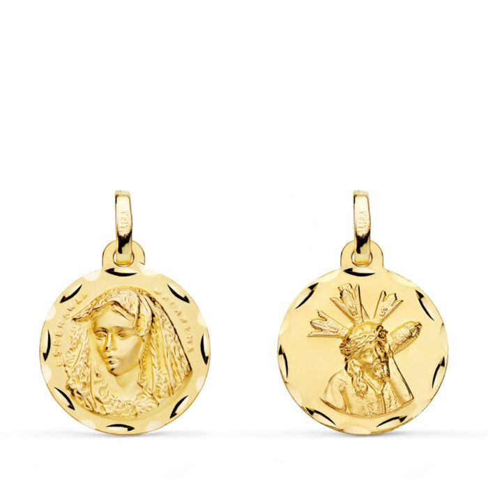 18K ESCAPULARIO ORO AMARILLO VIRGEN MACARENA Y GRAN PODER TALLADA 16 MM