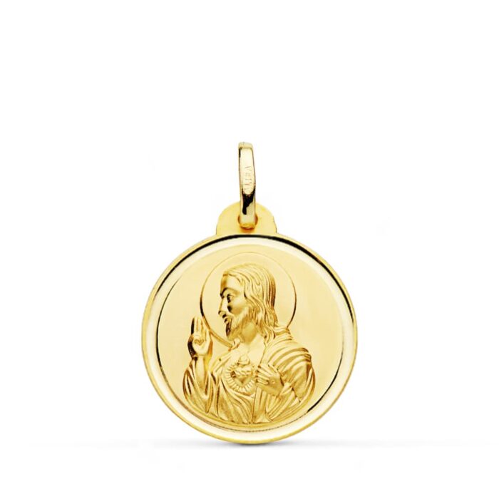 18K MEDALLA ORO AMARILLO CRISTO SAGRADO CORAZON DE JESUS BISEL 20 MM