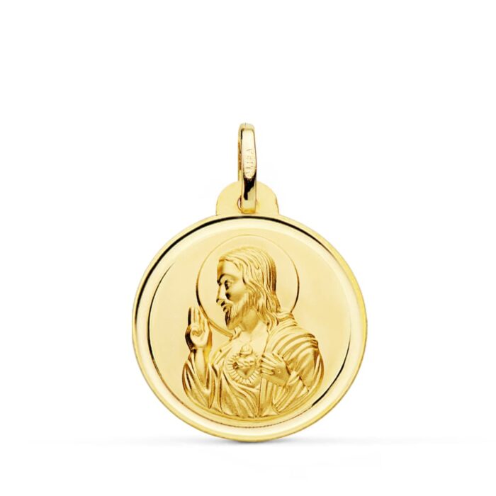 18K MEDALLA ORO AMARILLO CRISTO SAGRADO CORAZON DE JESUS BISEL 22 MM
