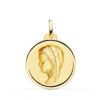 Medalla circular extra grande de la Virgen Niña de perfil en oro amarillo de 18 quilates, 24 mm de diámetro, con acabado pulido brillante y bisel liso sobre fondo blanco.
