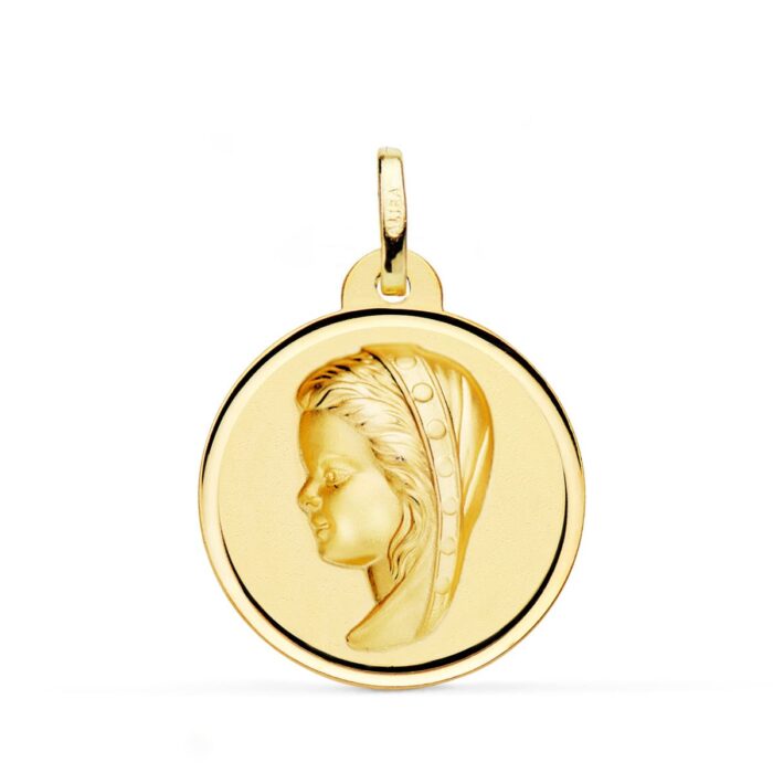 Medalla circular extra grande de la Virgen Niña de perfil en oro amarillo de 18 quilates, 24 mm de diámetro, con acabado pulido brillante y bisel liso sobre fondo blanco.