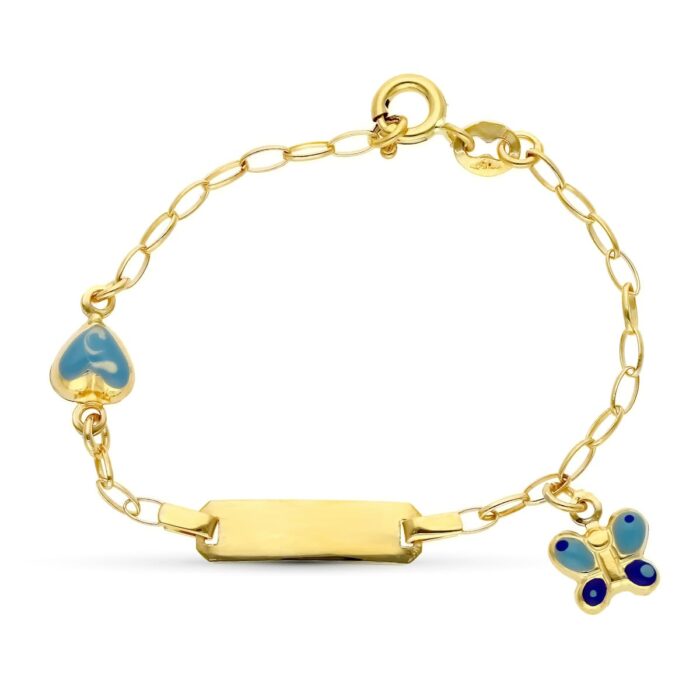 18K ESCLAVA ORO AMARILLO MARIPOSA Y CORAZON 13CM