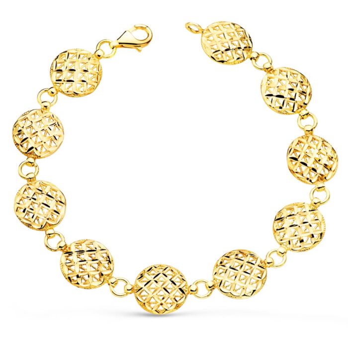 18K PULSERA ORO AMARILLO MOTIVOS REDONDOS TALLADOS 12 MM 20.5 CM