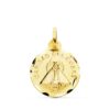 Medalla pequeña de la Virgen de la Caridad del Cobre en oro amarillo de 18 quilates, 16 mm de diámetro, con borde liso pulido y centro matizado.