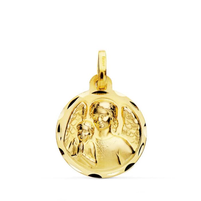 Medalla Ángel de la Guarda con Niño en Oro Amarillo 18K - Borde Tallado 16 mm