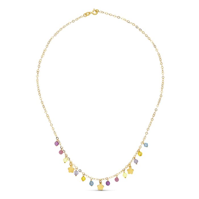 18K GARGANTILLA ORO AMARILLO FLORES Y PIEDRAS COLORES