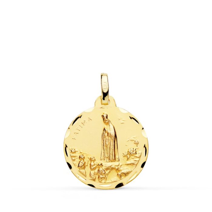 Medalla circular de la Virgen de Fátima de 18 mm en oro amarillo de 18 quilates, con relieve central detallado y acabado pulido brillante.