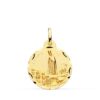 Medalla grande de la Virgen de Fátima de 22 mm en oro amarillo de 18 quilates, con bisel exterior tallado y acabado pulido de alto brillo.