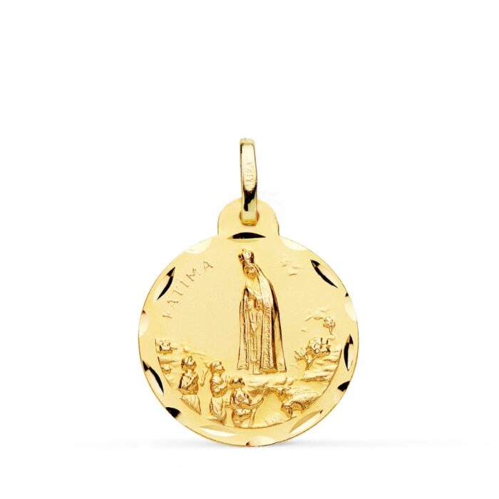 Medalla grande de la Virgen de Fátima de 22 mm en oro amarillo de 18 quilates, con bisel exterior tallado y acabado pulido de alto brillo.