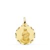 Medalla redonda de la Virgen Inmaculada en oro amarillo de 18 quilates de 18 mm de diámetro, con bisel tallado brillante y figura central matizada.