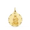 Medalla redonda de la Virgen Inmaculada Concepción en oro amarillo de 18 quilates, 22 mm de diámetro con orla tallada brillante y relieve central matizado.