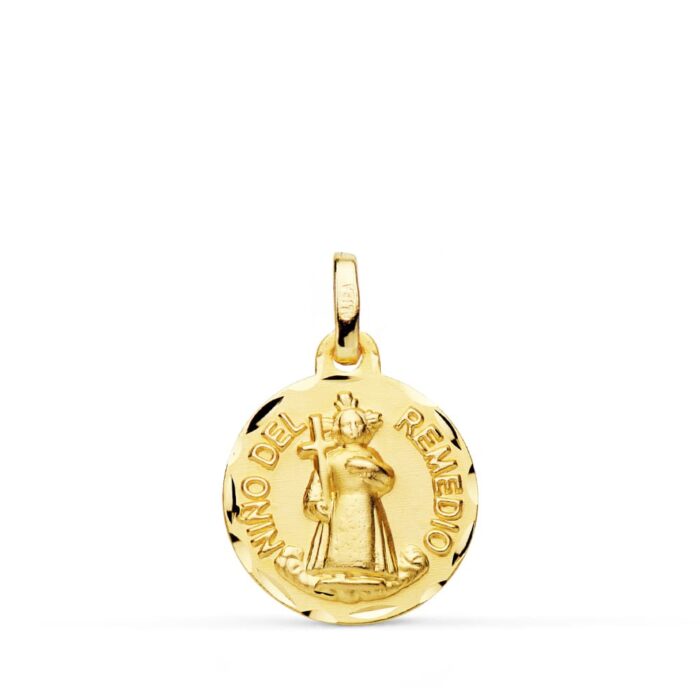 Medalla Santo Niño del Remedio en Oro Amarillo 18K - Bisel Tallado (16 mm)