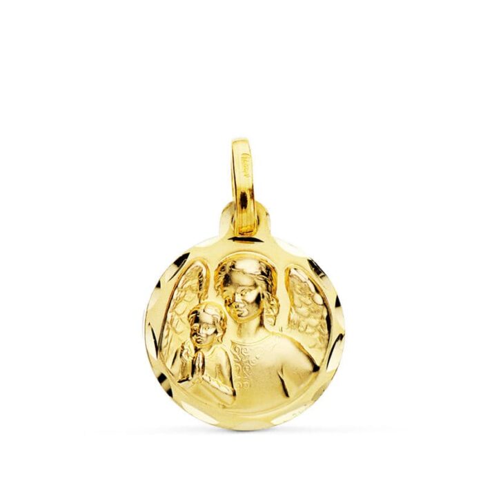 Medalla Ángel de la Guarda con Niño en Oro Amarillo 18K - Borde Tallado 14 mm