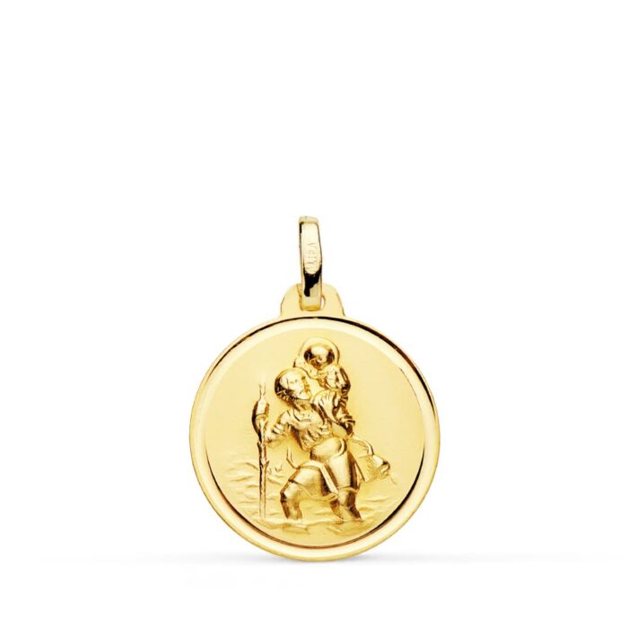 Medalla circular de San Cristóbal de 18 mm en oro amarillo de 18 quilates con bisel exterior liso y brillante.