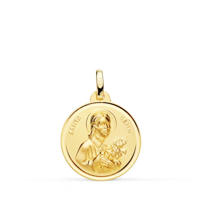 Medalla redonda de Santa Gema Galgani en oro amarillo de 18 quilates, 18 mm de diámetro, con borde biselado liso brillante y relieve central matizado.