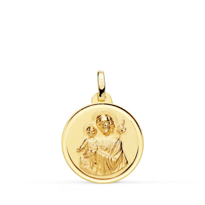 Medalla de San José y el Niño Jesús de 18 mm en oro amarillo de 18 quilates con bisel exterior liso y acabado pulido brillante.