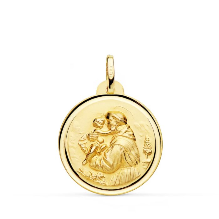 Medalla grande de San Antonio de Padua en oro amarillo de 18 quilates, 24 mm, con borde de bisel liso brillante y relieve central.
