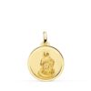 Medalla redonda de la Virgen Inmaculada Concepción en oro amarillo de 18 quilates, 18 mm de diámetro con borde liso brillante y figura central matizada.