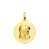 Medalla circular de la Virgen Niña de perfil en oro amarillo de 18 quilates, 16 mm de diámetro, con acabado superficial matizado (efecto mate) sobre fondo blanco.